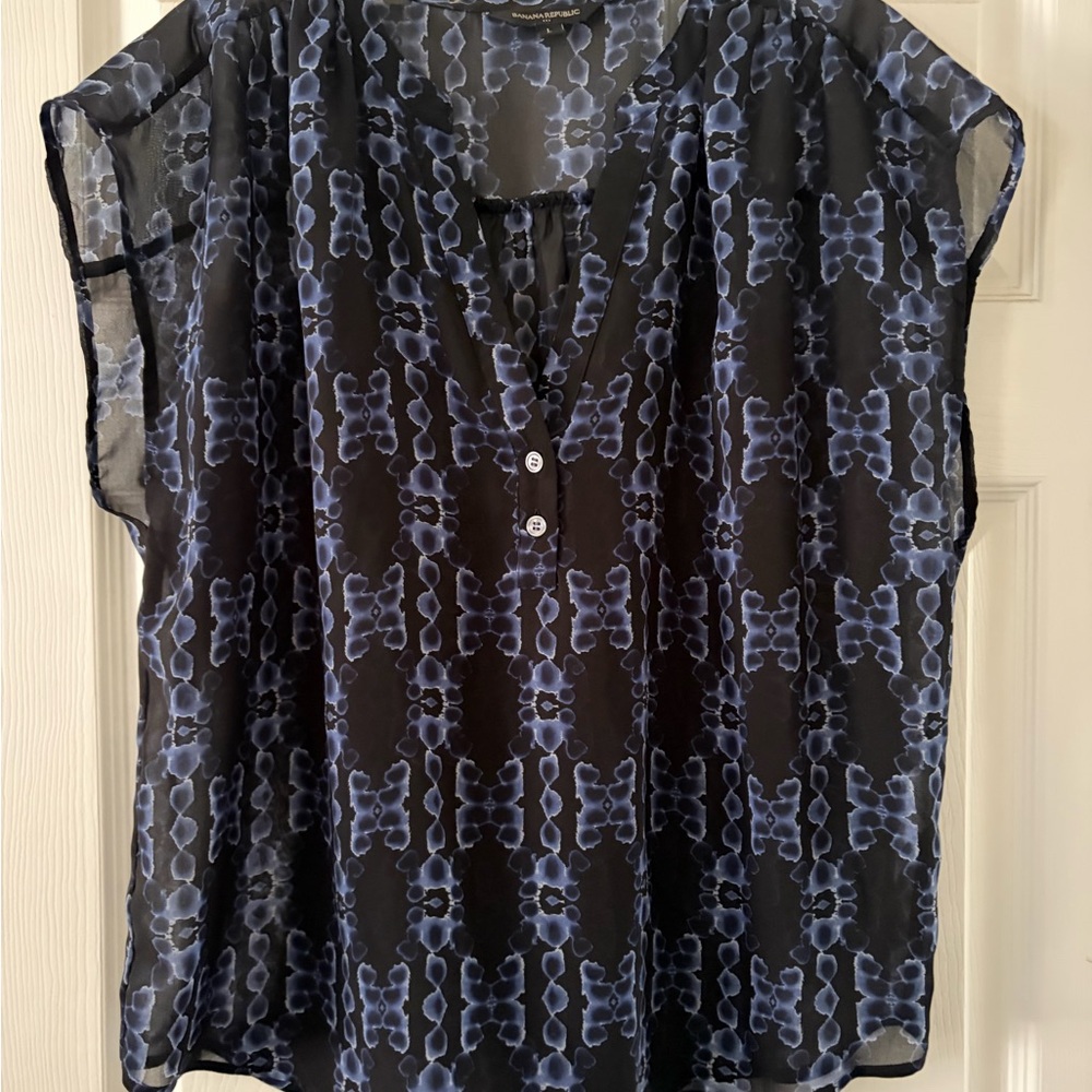 Banana Republic Black Sheer Blouse with Blue Abstract Print